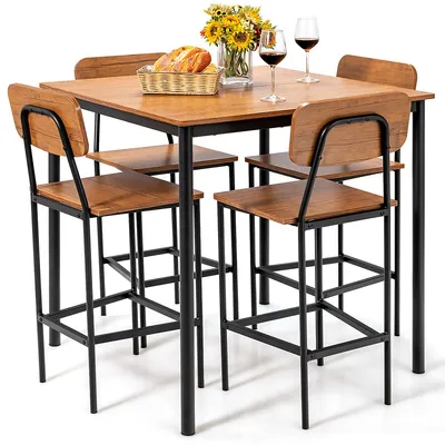 5-piece Industrial Dining Table Set W/ Counter Height Table & 4 Bar Stools