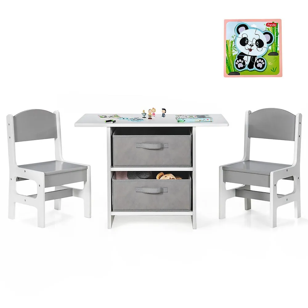 Kids art play wood table and 2 chairs set w/ storage baskets puzzle