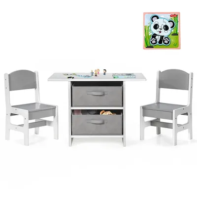 Kids art play wood table and 2 chairs set w/ storage baskets puzzle