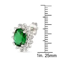 Sterling Silver Oval Emeraldcz Framed With Cubics Stud Earring