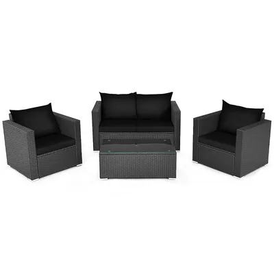4pcs Patio Rattan Furniture Set Cushioned Sofa Chair Coffee Table Black