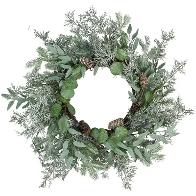 Frosted Green Mixed Foliage And Blueberries Artificial Christmas Wreath, 26-inch, Unlit