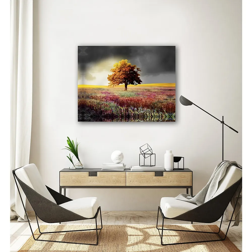 Lone Tree 30x40 Inch Canvas Print Wall Art, Abstract Tree Grass Flowers Meadow