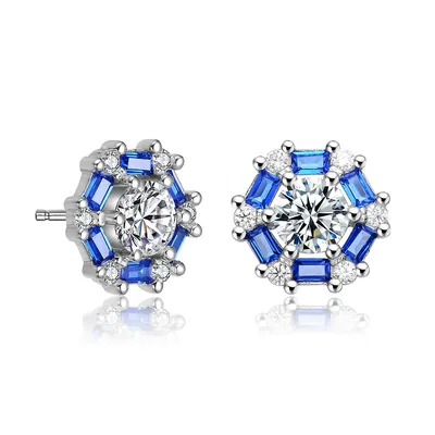 Stud Earrings With Round Baguette Colored Cubic Zirconia