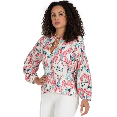 Curvy Puff Sleeve Tie-neck Peacock All-over Print Blouse