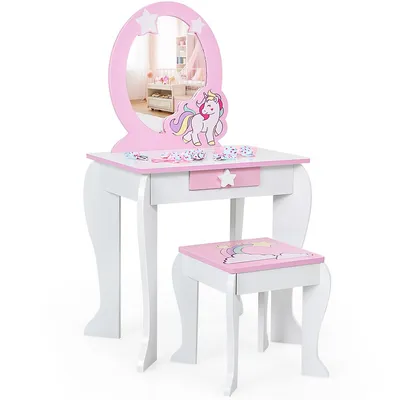 Vanity Makeup Dressing Table Chair Set Wooden W/ Mirror Drawer