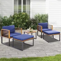 5pcs Patio Acacia Wood Cushioned Chair Ottoman Table Furniture Set Outdoor Navy