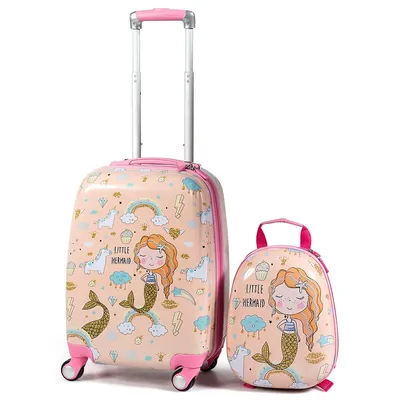 Costway 2pc Kids Luggage Set 18'' Rolling Suitcase & 12'' Backpack Travel Abs Mermaid