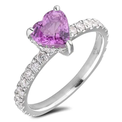 14k White Gold 1.26 Ct Heart Shaped Pink Sapphire & 0.54 Cttw Canadian Diamond Ring
