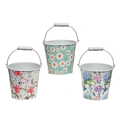 Floral Metal Round Planter With Handle Asstd - Set Of 3