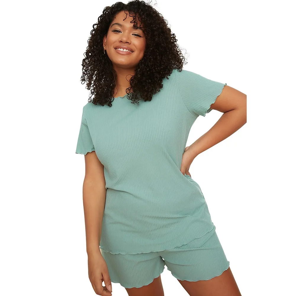 Woman Unifarben Knit T-shirt-short Plus Pajamas Set