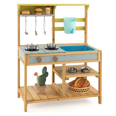 Wooden Play Kitchen Set, Outdoor Kid's Mud Kitchen With Faucet & Water Box