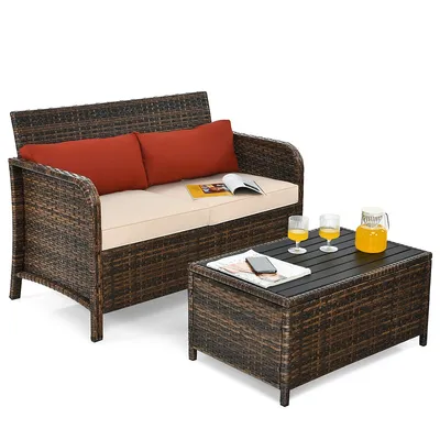 2pcs Patio Rattan Furniture Set Cushioned Loveseat Table Garden Deck