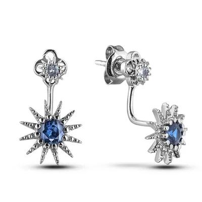 925 Sterling Silver 0.08 Cttw Canadian Diamond Studs & 0.55 Cttw Blue Sapphire Earring Jackets Set