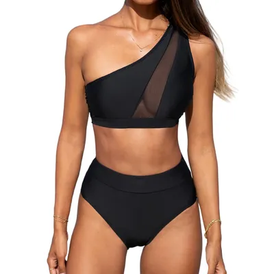 Women's High Waisted One Shoulder Top Wide Straps Bikini Set