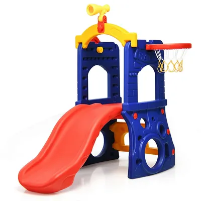 6-in-1 Freestanding Kids Slide W/ Basketball Hoop Play Climber Slide Set