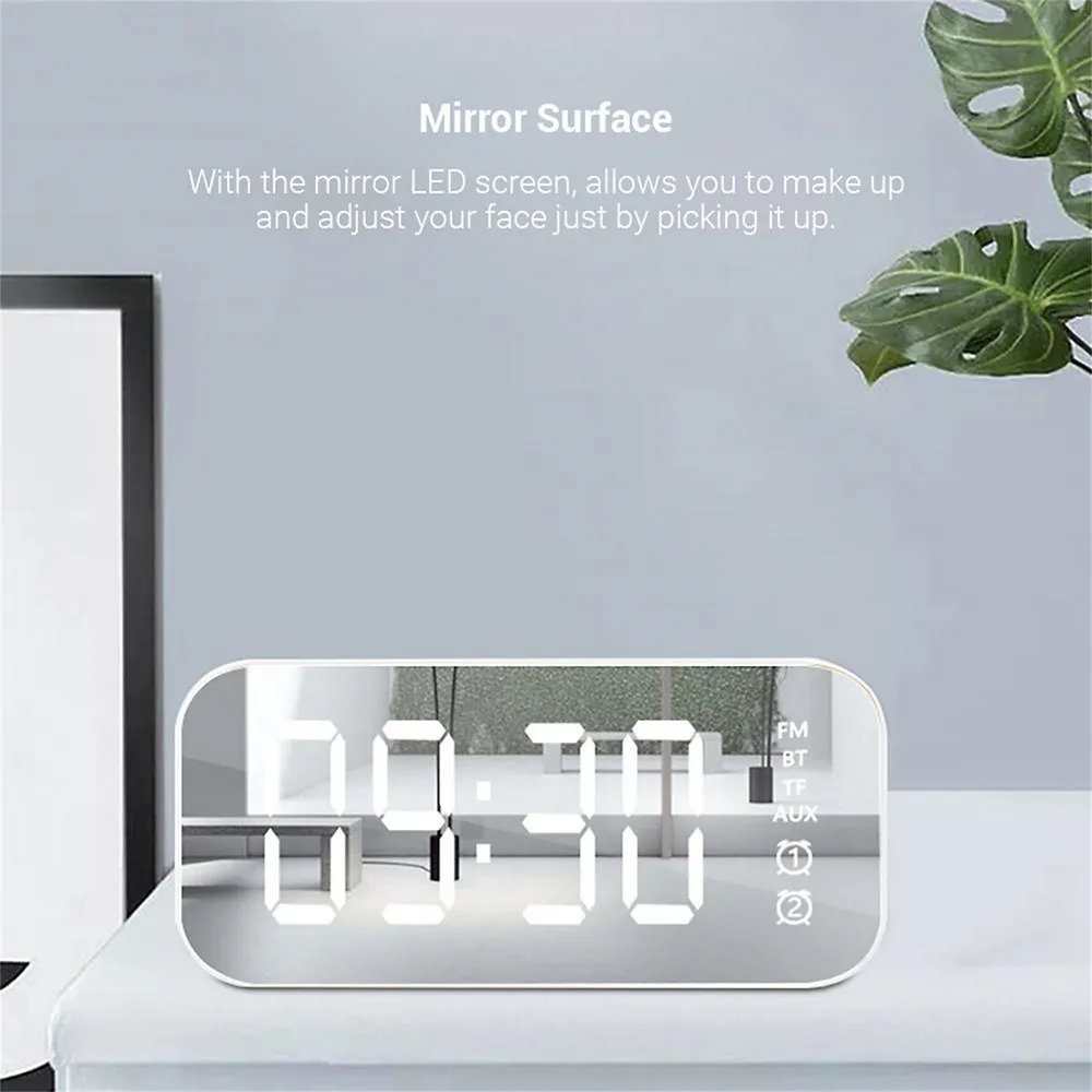 Rechargeable Multifunctional LED Digital Mirror Alarm Clock with Wireless Bluetooth Speaker - White