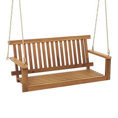 2-seat Porch Swing Bench Acacia Wood Chair With 2 Hanging Ropes For Backyard