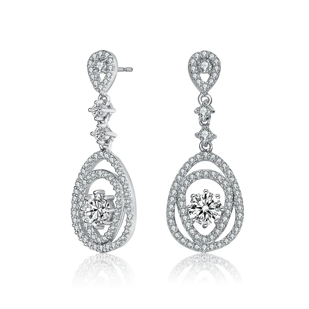 Sterling Silver White Gold Plating With Clear Cubic Zirconia Accent Double Pear Drop Earrings