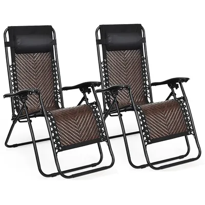 2pcs Patio Rattan Zero Gravity Lounge Chair Folding Recliner Headrest Brown