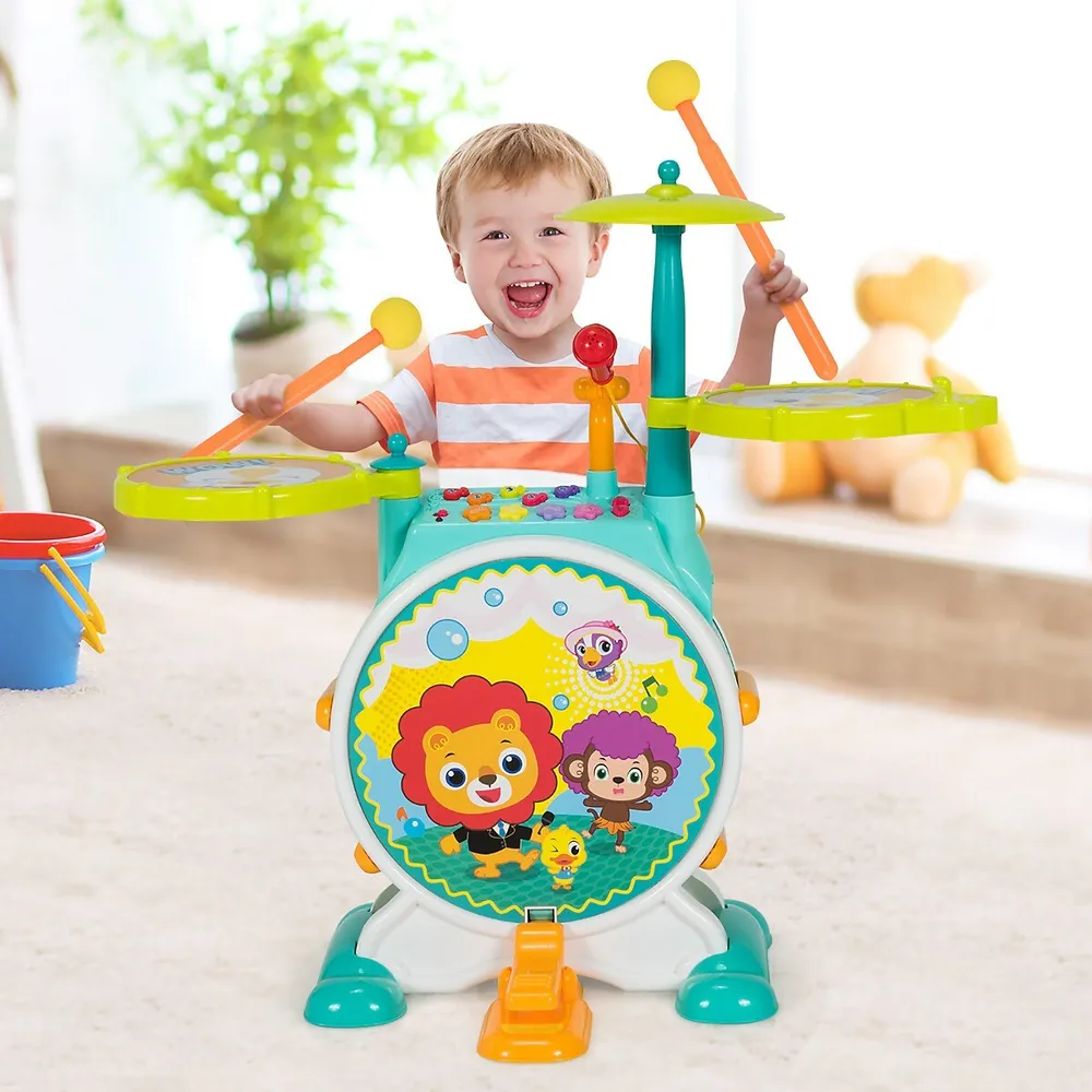 3-piece Electric Kids Drum Set Musical Toy Gift W/microphone Stool Pedal