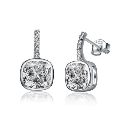 Sterling Silver White Gold Plated With Clear Cubic Zirconia Square Drop Earrings