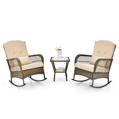 Patio 3pcs Rocking Wicker Bistro Set 2 Rocker Chairs Tempered Glass Side Table