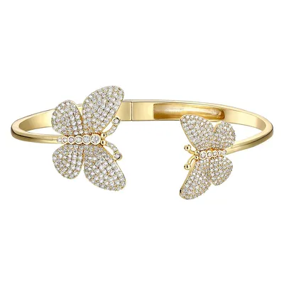 14k Yellow Gold Plated With Clear Cubic Zirconia French Pave Butterfly Open Cuff Bangle Bracelet