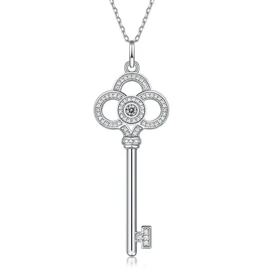 Sterling Silver with 0.10ctw Lab Created Moissanite Skeleton Key Eternity Circle Pendant Necklace