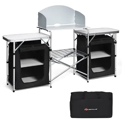 Goplus Folding Portable Aluminum Camping Grill Table W/ Storage Organizer Windscreen