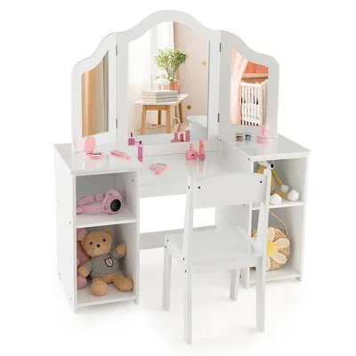 Kids Vanity 2 In 1 Princess Makeup Desk & Chair Set Safe Tri-fold Mirror White