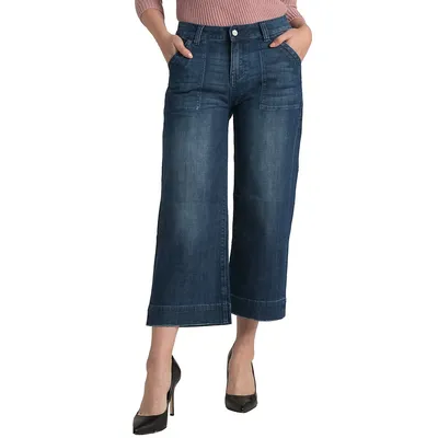 Women's Denim Wide Leg Patched Pocket Capri Premium Cropped Ankle Jeans
