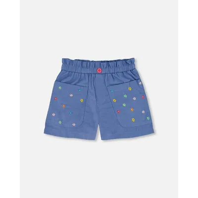 Chambray Short With Embroidered Flowers