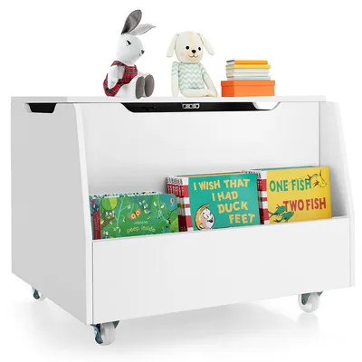 Kids Toy Box Wooden Storage Chest Bench W/ Bookshelf Wheels Safety Hinge Lid