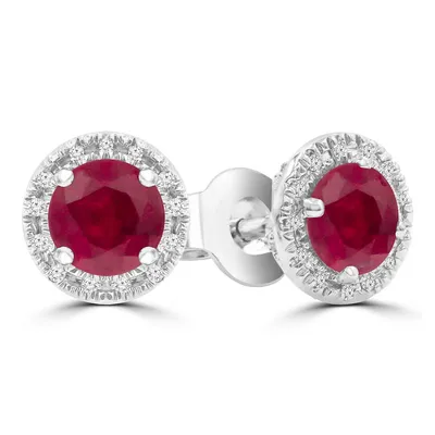 1.57 Ct Round Red Ruby Halo Earrings 14k White Gold