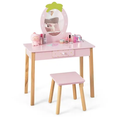 Kid Vanity Table Stool Set With Mirror Wooden Legs Storage Drawer Pink