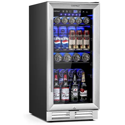 15 Inch Beverage Refrigerator, Built-in Beverage Cooler W/ Double-layer Tempered Glass Door