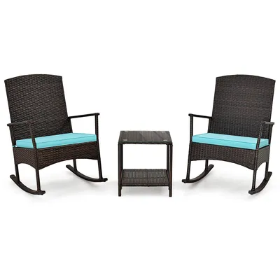 3 Piece Patio Rocking Set Wicker Chairs With 2-tier Coffee Table