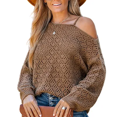Women's Coffee Cutout Crochet One-shoulder Sweater