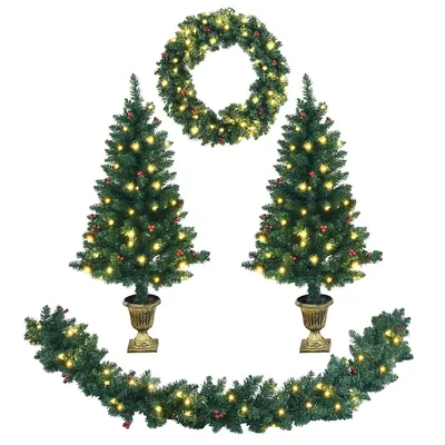 4pcs Pre-lit Christmas Decoration Set W/ Garland Wreath & Entrance Trees