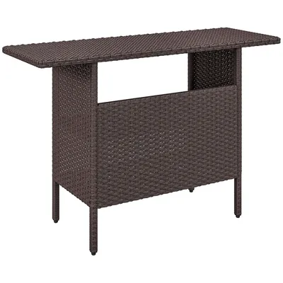 55" Rattan Bar Table With 2 Storage Shelves And Steel Frame