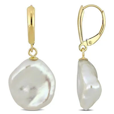 Freshwater Cultured Coin Pearl Leverback Earrings In 14k Yellow Gold