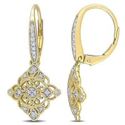 1/5 Ct Tw Diamond Lace Lozenge Leverback Earrings In 10k Yellow Gold