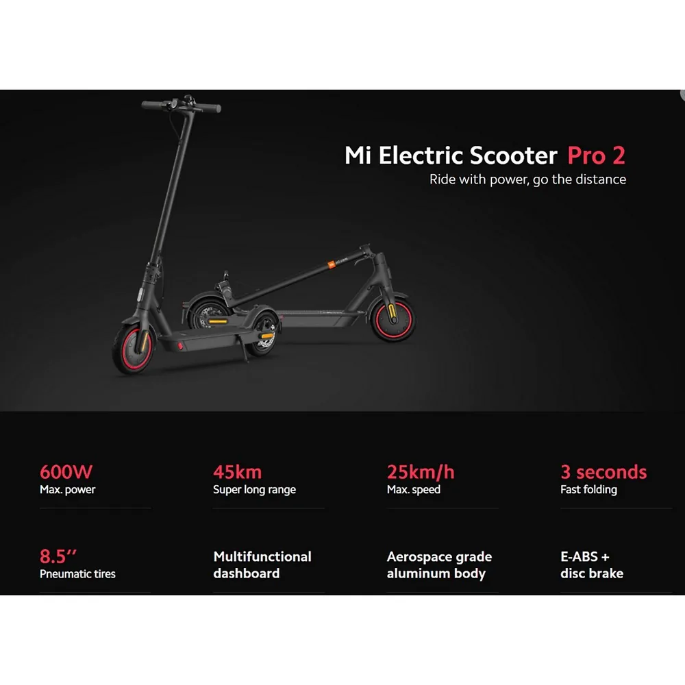Mi Pro 2 Adult Electric Scooter (600w Motor / 45km Range / 25km/h Top Speed) - Black