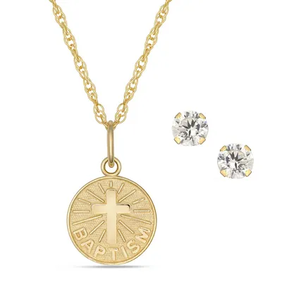 10kt 14" With Baptism Pendant And Cz Stud Set