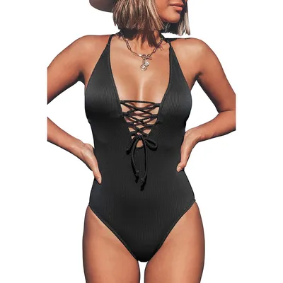 Women's Solid Color V Neck Lace Up One Piece Swimsuit