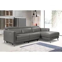 Andria Modern Top Grain Leather Reclining Sectional Sofa with Chaise , Adjustable Headrest, Grey