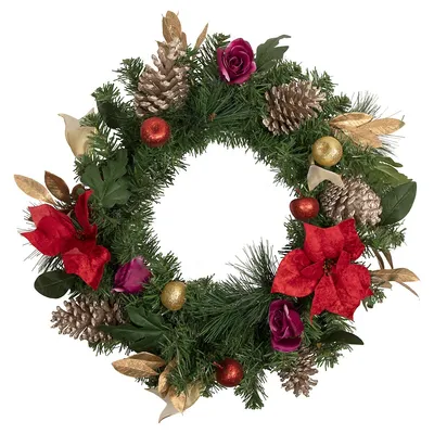 Decorated Red Poinsettia And Rose Artificial Christmas Wreath, 24-inch, Unlit