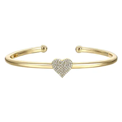 Kids/teens 14k Yellow Gold Plated With Clear Cubic Zirconia Heart Pave Open Cuff Bangle Bracelet