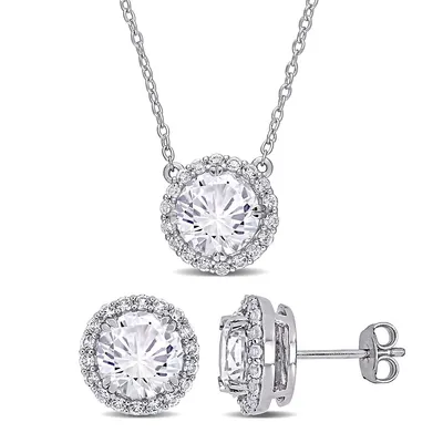 2-piece Set 8 1/3 Ct Tgw Created White Sapphire Halo Earrings & Necklace Set In Sterling Silver